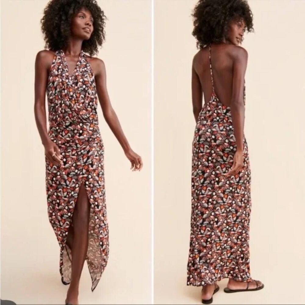 Free People Daria Plunge Halter Maxi Dress L Black Combo Low Back High Slit Boho